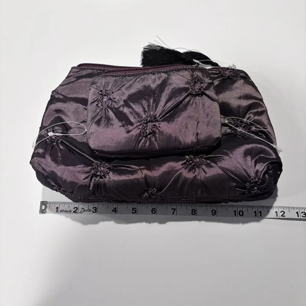 Purple Satin Pintuck Cosmetic Makeup Travel Bag Set 2 Pieces Tassel Zipper NWOT